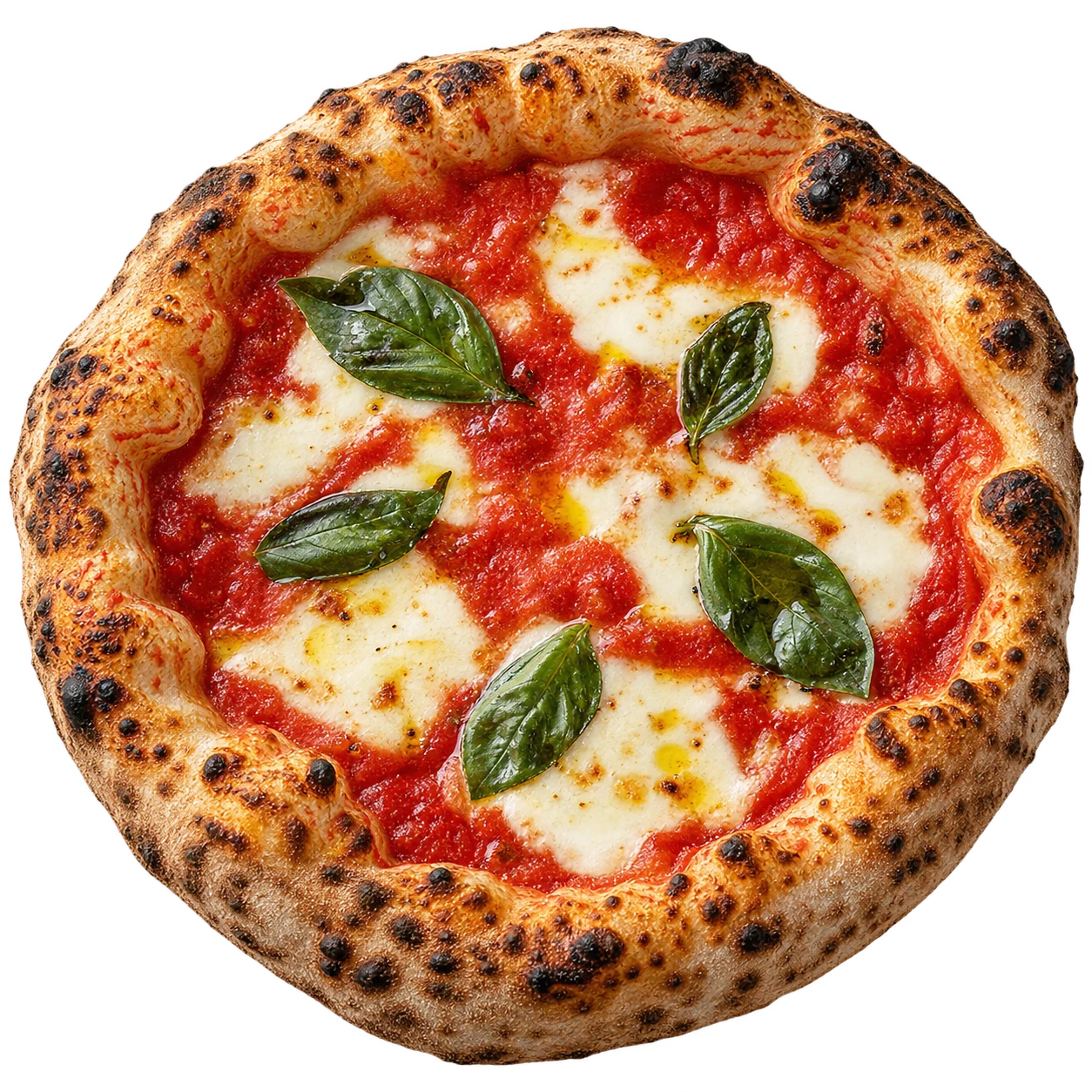 Pizza Margherita : croûte dorée, tomate, mozzarella et feuilles de basilic