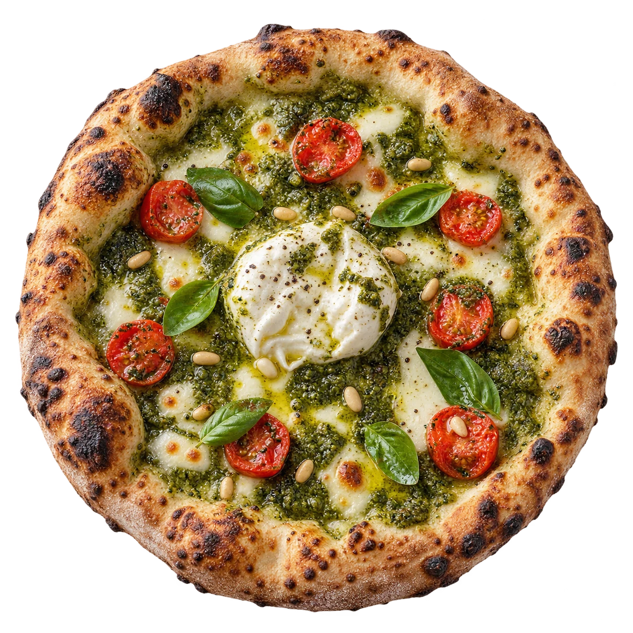 Pizza Pesto : burrata crémeuse, tomates cerises et basilic frais